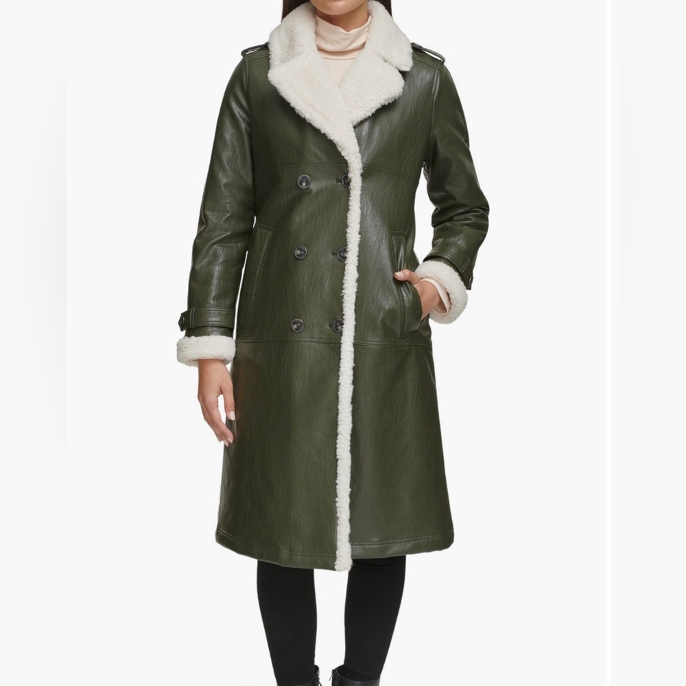Kenneth Cole Green Leather Women's Sherpa lined Coat